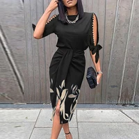 women sexy hollow out short sleeve party dress women elegant o neck folds knee length dress casual lacing bodycon dresses