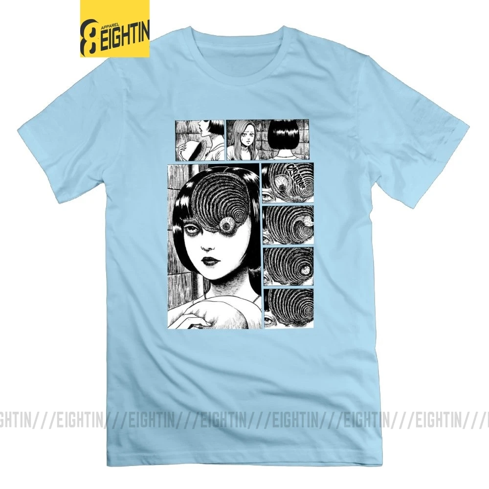 Uzumaki Junji Ito футболка ужас Футболка "Манга" короткий рукав мужские футболки хлопок черный фанки большой размер футболки с круглым вырезом - Цвет: Небесно-голубой