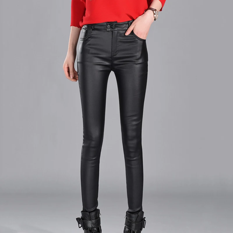 Женские узкие брюки из искусственной кожи с высокой талией осенние черные