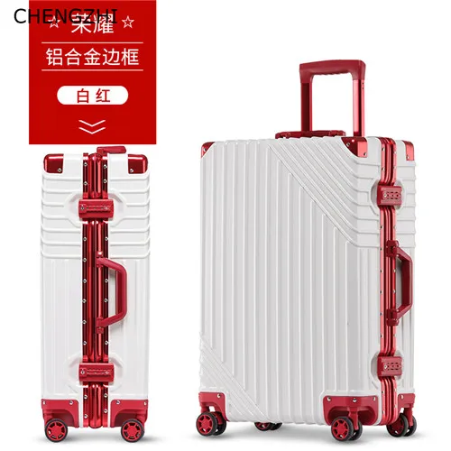 white and red CHENGZHI2" 24" 2" 29 дюймов, роскошная алюминиевая рама, высокое качество, чемодан на колёсиках, Спиннер для мужчин, деловой чемодан, колеса, Женская дорожная сумка - Цвет: white and red