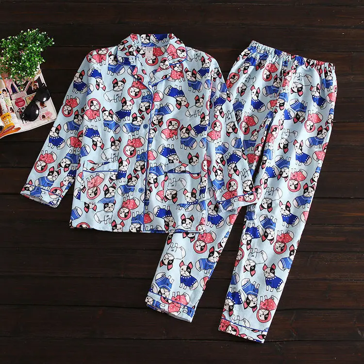 Blue dog Женские пижамы из хлопка, 2 предмета, пижамы с длинными рукавами, брюки, одежда для сна, осенне-зимняя Пижама, Женская домашняя одежда с рисунком - Цвет: Blue dog