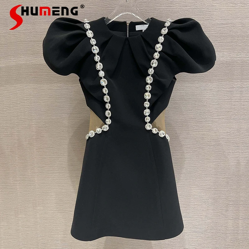 

2021 Summer Ladies Western Style Rhinestone Beaded Midriff Black Dress Female Fashion Slim Waist Hollow Out Puffed Sleeves Dress