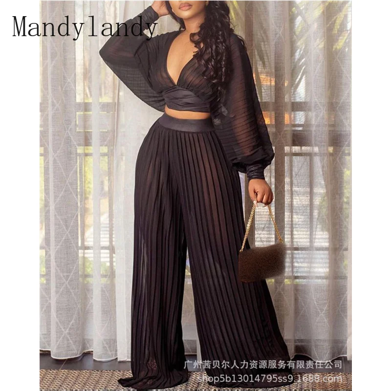 

Mandylandy Women Autumn Outfits Pants Set Lady Elegant Long Lantern Sleeve V Neck Crop Top Elastic Waist Wide Leg Loose Trousers