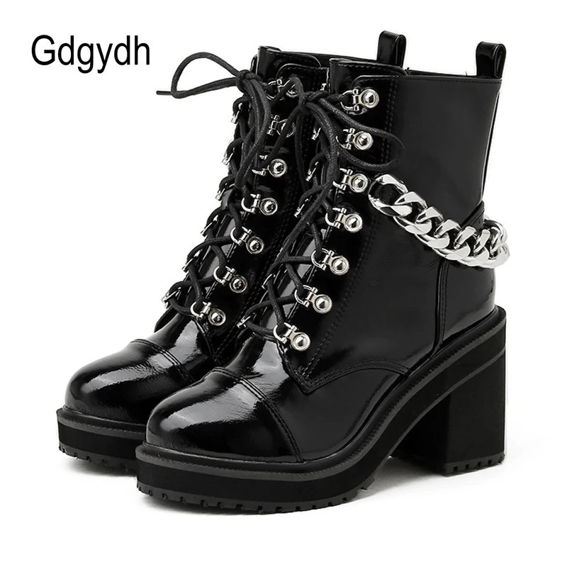

Gdgydh Cool Chain Punk Ankle Boots Woman Gothic Cosplay Patent Leather Round Head Short Boots High Heels Office Footwear Lady