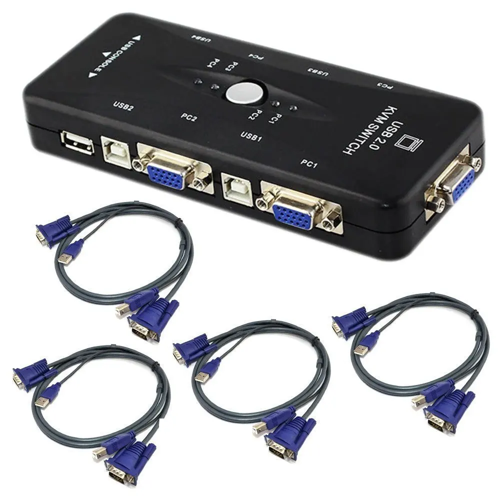 1 комплект 4 KVM коммутационные кабели+ концентратор 4 порта USB 2,0 KVM VGA/переключатель SVGA Box адаптер подключается принтер клавиатура мышь