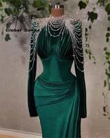 emerald green velvet mermaid evening dress tassel beaded birthday party gown vestidos de fiesta de noche largos african