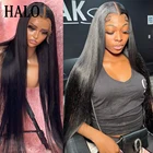 Парик halo 3040 дюймов из натуральных человеческих волос на прямой сетке спереди для чернокожих женщин, бразильские парики без повреждений 180% длинные прозрачные парики 13x6 на сетке спереди