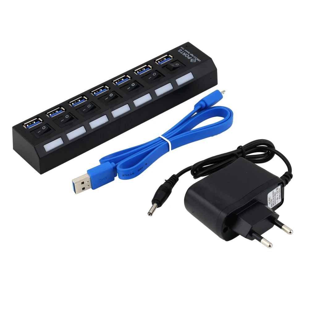 

USB-концентратор USB 3,0, 7 портов, с переключателем включения/выключения, адаптер питания переменного тока для ПК, ноутбука, 100-240 В, мА, кабель 63 с...