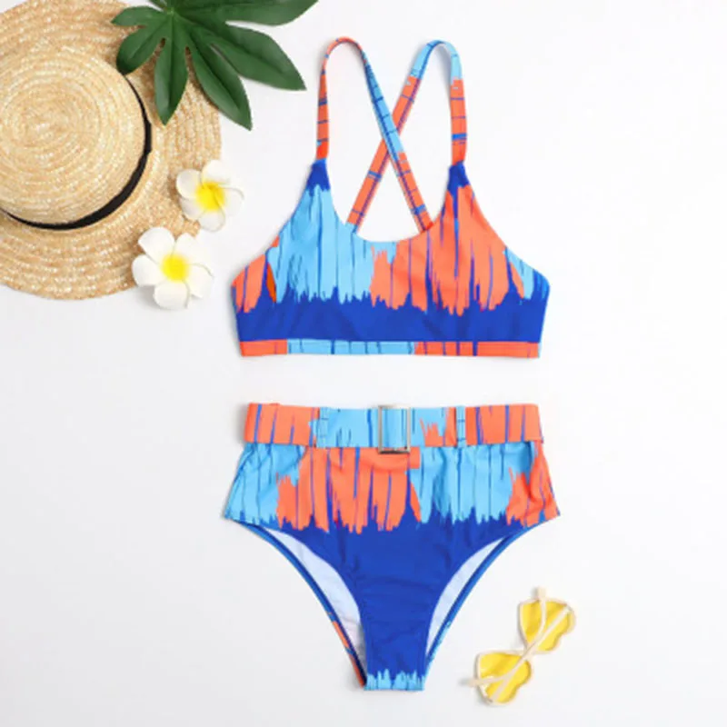 

Summer Women's New Swimsuit Tight Open Back Sexy Button High Waist Cross Sling Printing Elastic Suit Beach Women's Wear