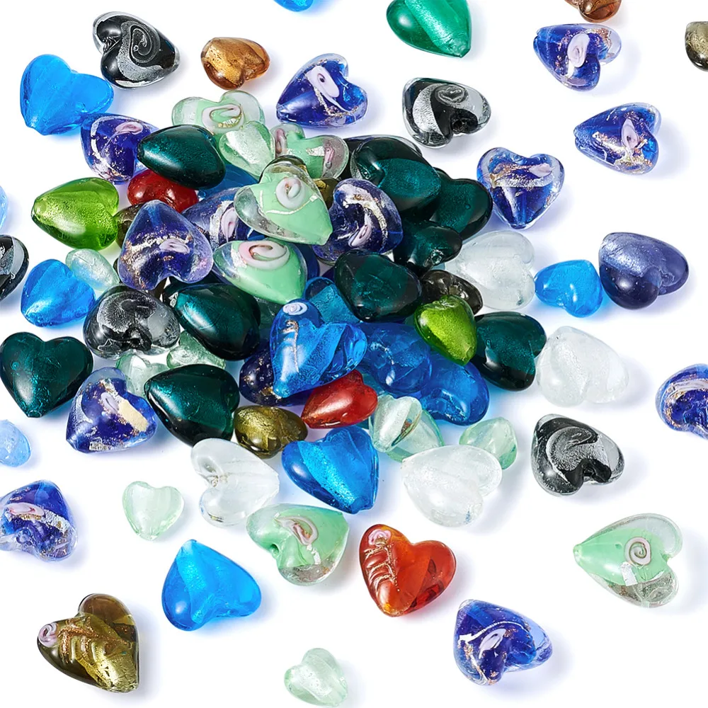 Бусины сердечки из фольги ручной работы 12 20 х12 21 мм 100 шт.|glass beads|beads for braceletsmixed color |