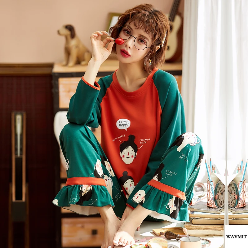 WAVMIT 2020 весенние милые женские хлопковые пижамы с длинным рукавом комплект