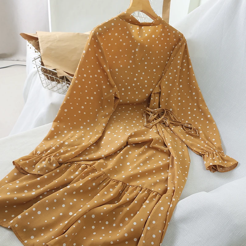 Весеннее женское винтажное ТРАПЕЦИЕВИДНОЕ платье в горошек с высокой талией