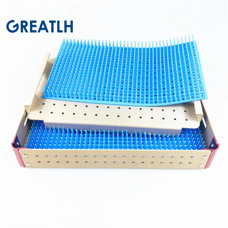 Disinfection Tray Single Layer Sterilization Case Autoclavable Holder for Medical Surgery Instruments with silicone mat