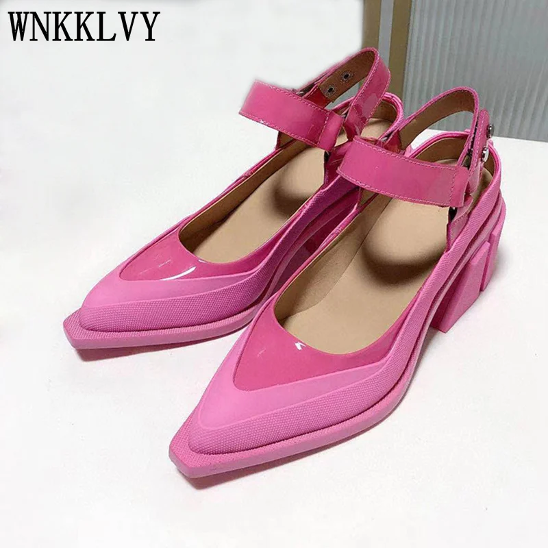 

2021 Spring Autumn Runway Ankle Strap High Heels Women Pointed Toe Patent Leather Simple Ladies Casual Party Dress Shoes pumps