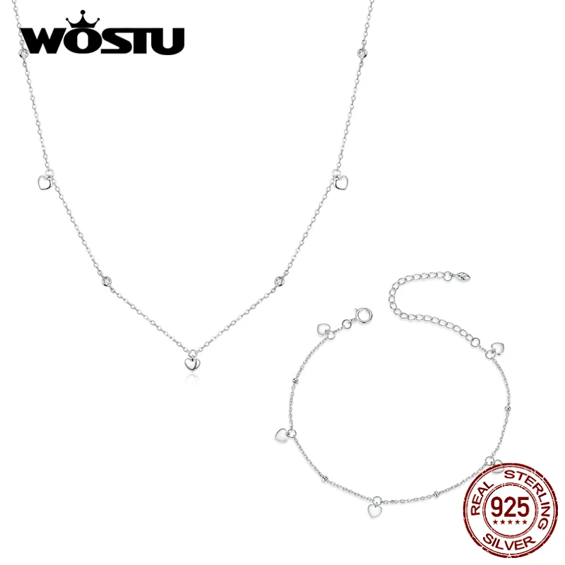 

WOSTU 925 Sterling Silver Choker Necklace and Heart Chain Bracelet Jewelry Sets for Women Wedding Statement Jewelry Sets