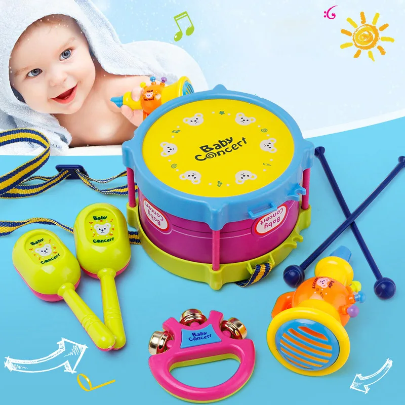 

5pcs/set Children Drum Musical Instruments Kit with Mini Sand Hammer Baby Trumpet Early Educational Toys