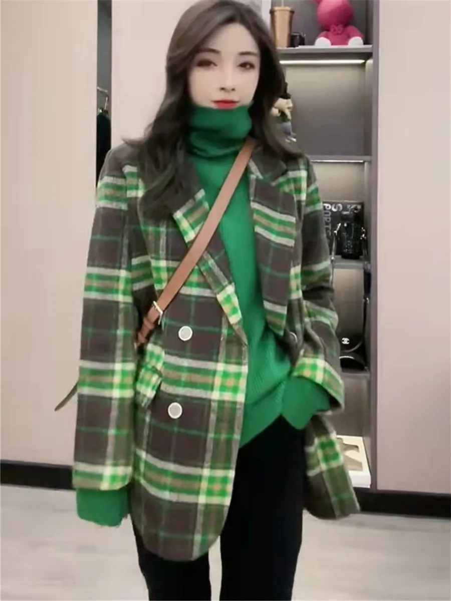 Autumn and Winter 2021 New Quilted Suit Jacket Women Wild Thick Fried Street Contrast Green Plaid Top Tide Blazer Women