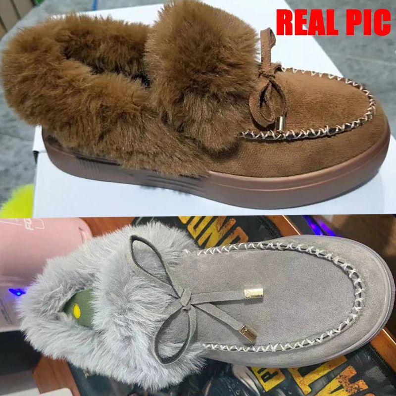 

Leather Wool Winter Flat Shoes Woman Warm Snow Boots Ladies Fur Ankle Boots Plus Size Bee Fashion Moccasins Footwear new