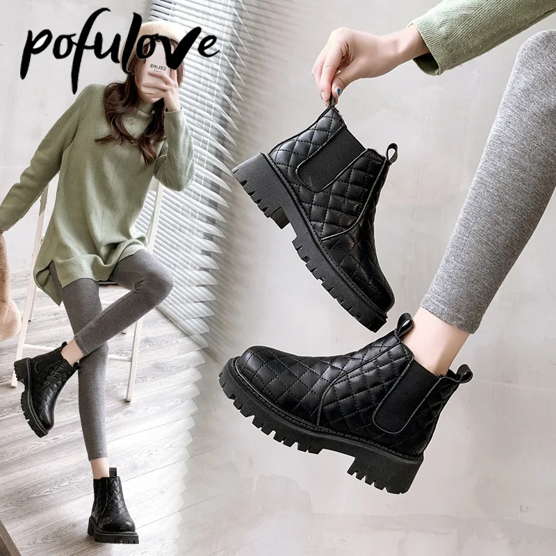 

Pofulove Chelsea Boots for Women Winter Shoes Black White Ankle Booties Leather Boots Warm Plush Fur Flat Shoes Fashion Designer