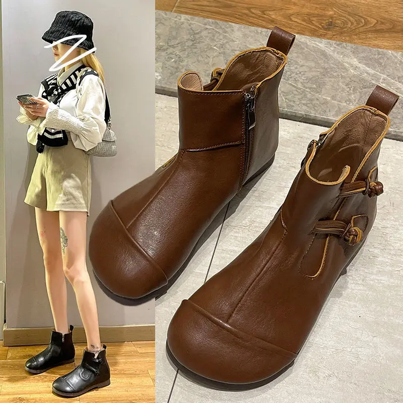 

Осень-зима 2021, новые стильные литературные короткие ботинки, кожаная женская обувь в стиле ретро с дисковой пряжкой, низкая обувь