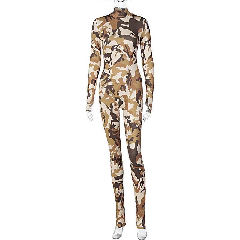 

Dulzura Camouflage Print Women Slit Jumpsuit Turtleneck Long Sleeve Gloves Bodycon Sexy Streetwear Stretch Sporty Casual Fitness