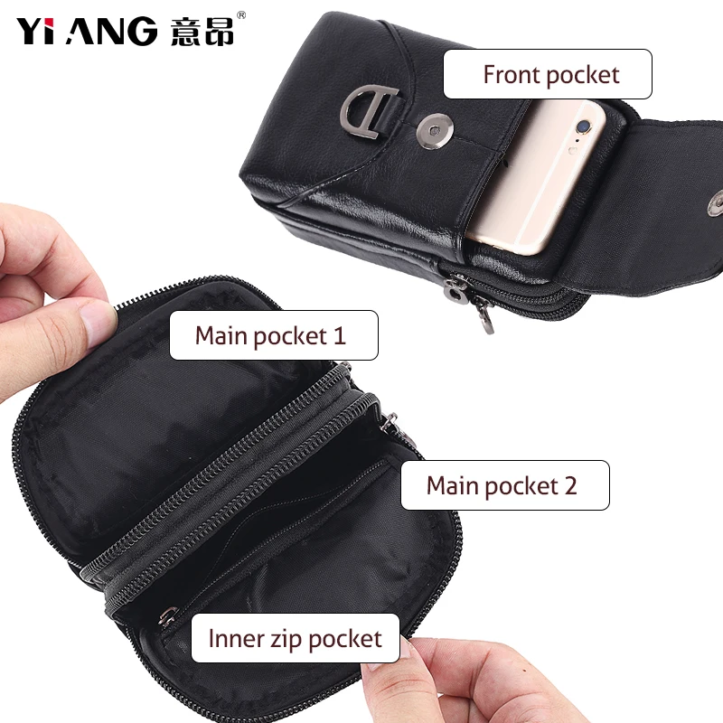 Мужская поясная сумка из натуральной кожи с двойной молнией и крючком |