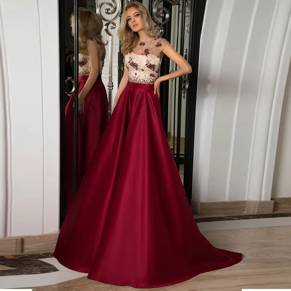 

Burgundy A-line Jewel Sweep/Brush Floor length Applique Banbage Open back Sleeveless Evening Dresses sexy 2021 Intricate