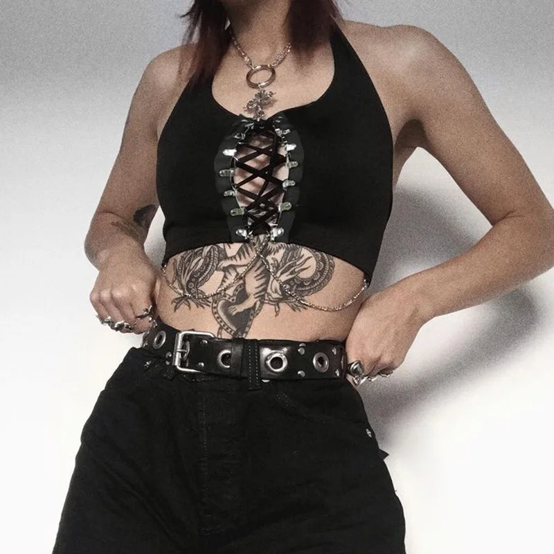 

Punk Streetwear Black Tank Tops Women Gothic Bandage Hollow Out Sleeveless Crop Tops Halter Aesthetic Fashion Chain Top