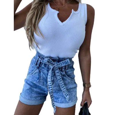 

Women Summer Denim Shorts High Waist Bandage Jeans Shorts Folded Hem Regular Short XS-XL