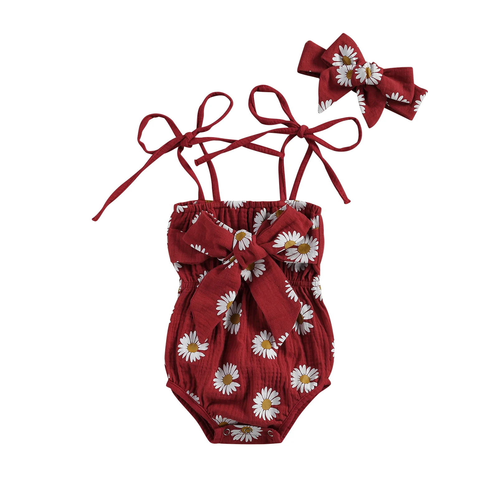 

Infant Baby Girls Daisy Floral Printed Rompers Outfits Suits Tie Up Straps Bowknot Romper with Headband Bodysuits