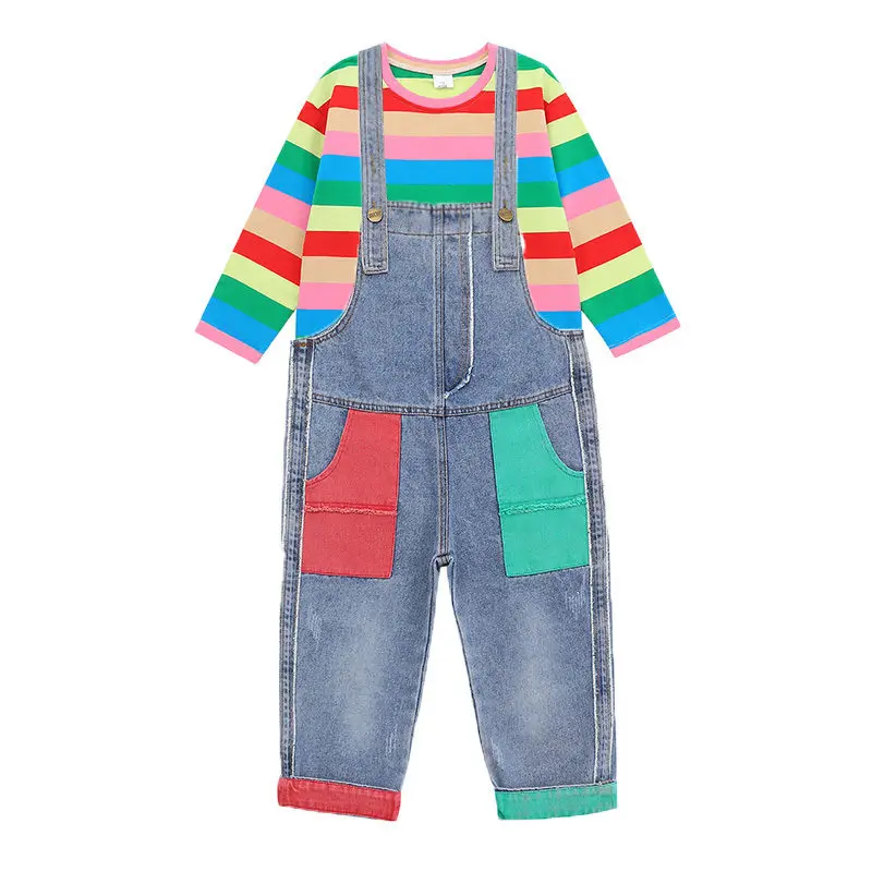 

Girls Overalls Rainbow Striped Patchwork Long Sleeve Top+Denim Patch Jumpsuits Fashion 2PC Suits Loose Playsuit Kids Suspenders