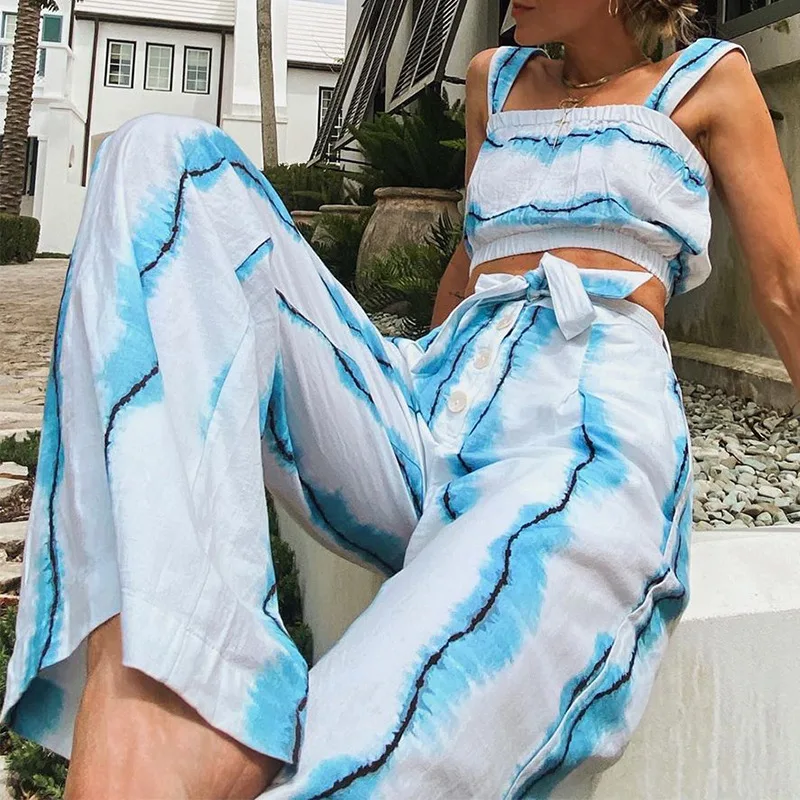 

Комплект из двух предметов Женский, пикантный укороченный топ и брюки с широкими штанинами, модный элегантный костюм из хлопка и льна в поло...