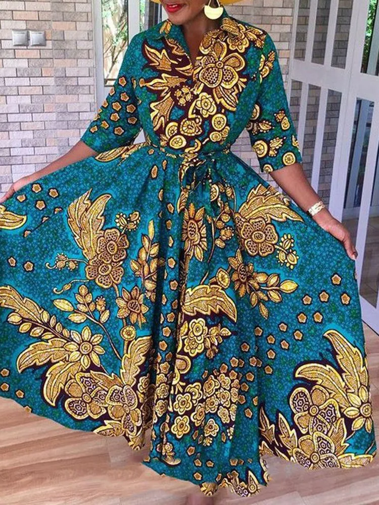 

Polyester New Fashion African Dresses For Women 2021 Spring Summer Dashiki Africa Style Print Rich Bazin Dashiki Maxi Long Dress