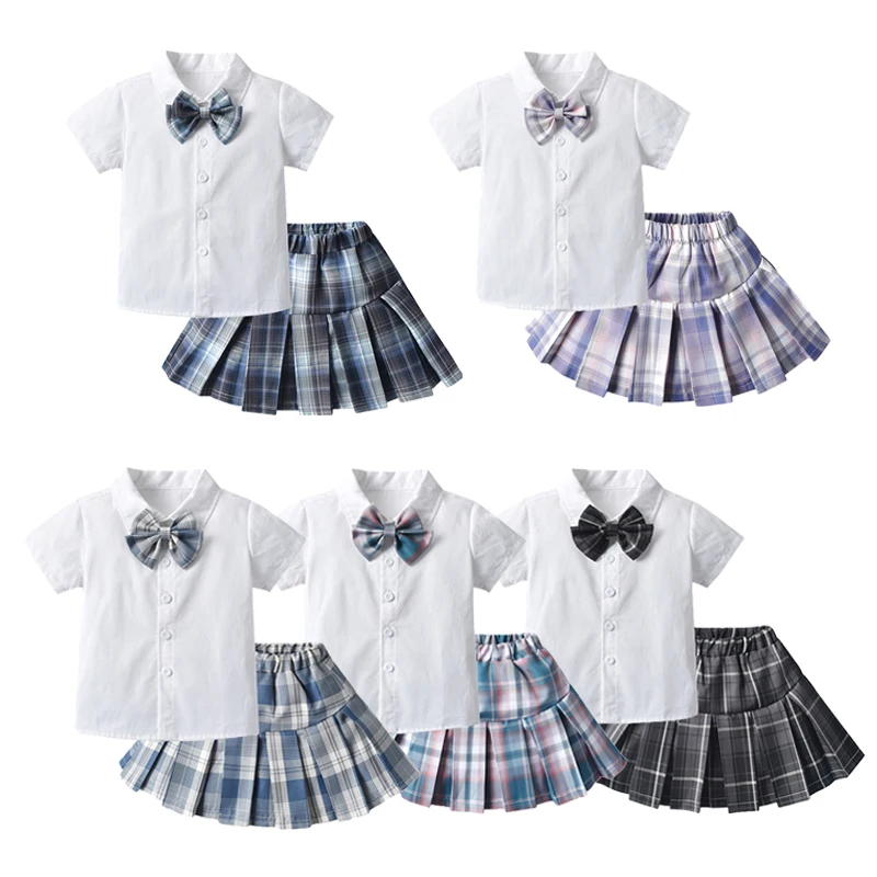 

Children's Summer Clothes Girl Sets 2021 College Style Short Sleeve Shirt Plaid Skirt Two-piece Suit Kids Girls Clothing Sets