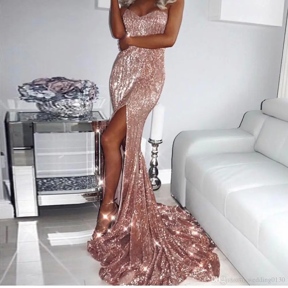 

sparkly prom dresses 2021 sweetheart neckline pink sequins side slit mermaid evening dresses gowns