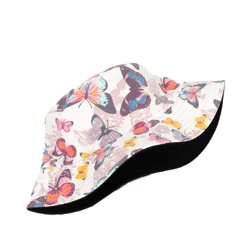 

Butterfly Printing Bucket Hat Cotton Double-Sided White Panama For Girls Cartoon Hats Sunshade Fisherman Cap Fashion Style