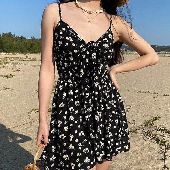

Summer Dress Retro Boho Women Tie Neck Floral Print Floral Mini Sexy Black Dress Elegant Spaghetti Straps Dresses
