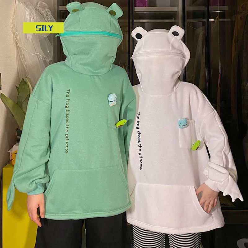 

Harajuku Women Hoodie Frog Pullover Winter Sense Hooded Casual Sweatshirts Autumn Embroidery Loose Top Doll Decoration Hoodies