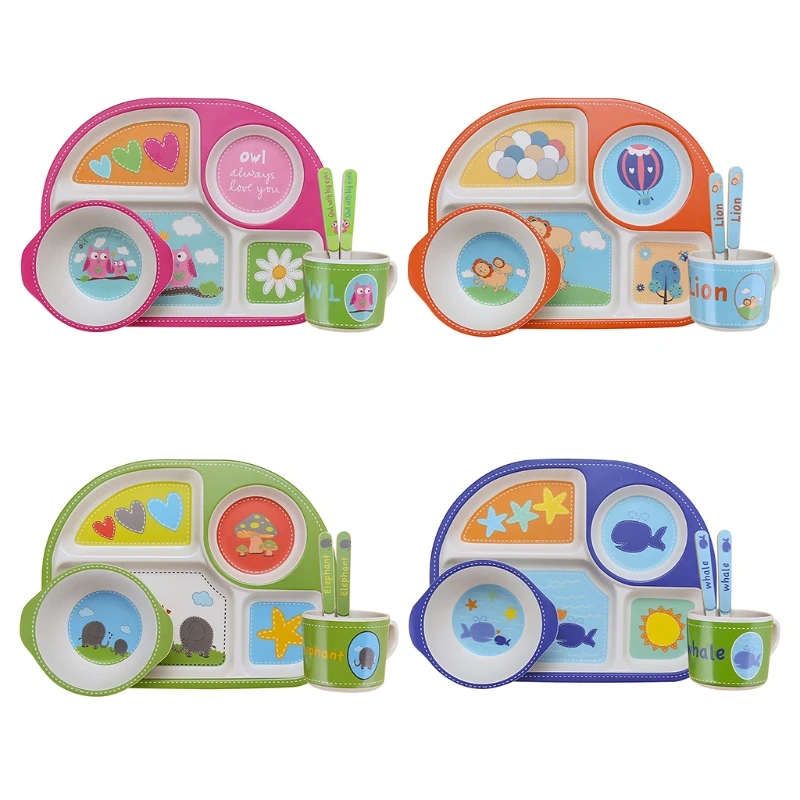 

Набор детской посуды из бамбукового волокна W3JF 5 шт., обеденная тарелка + миска + ложка + вилка + Набор чашек для воды