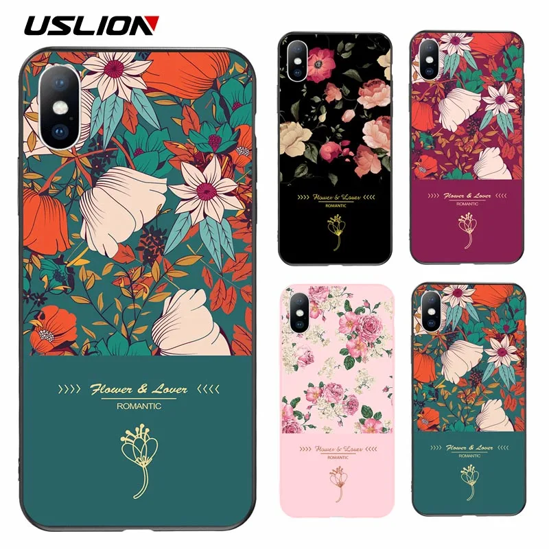 USLION Floral Flower Cases Cover For iPhone X XS XR Xs Max Soft TPU Green Leaves Phone Case 5 5s SE 6 6s 7 8 Plus |