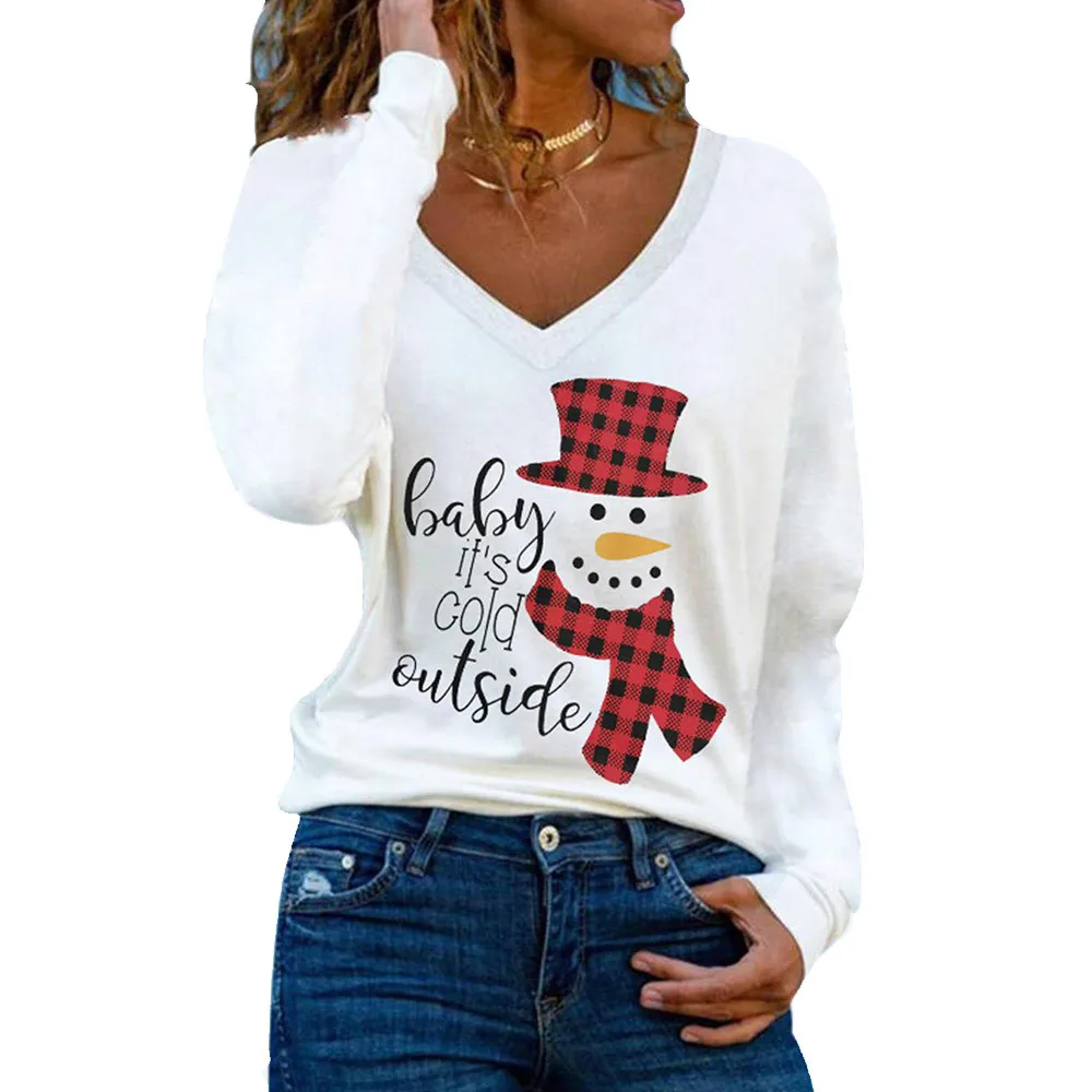 

Женская рождественская Приталенная футболка с V-образным вырезом, облегающая летняя футболка с длинным рукавом, пуловер, блузка, топы, блузк...