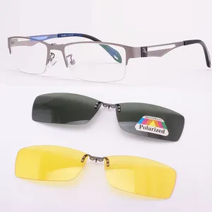 Мужские коричневые оправы из нержавеющей стали, 2 шт., магнитные солнцезащитные очки с клипсой UV400, желтые поляризованные очки ночного видения
