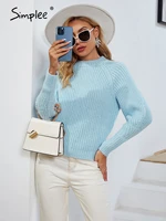 simplee office lady o neck long sleeve skinny blue autumn sweater casual women short pullover minimalist female knitted jumper