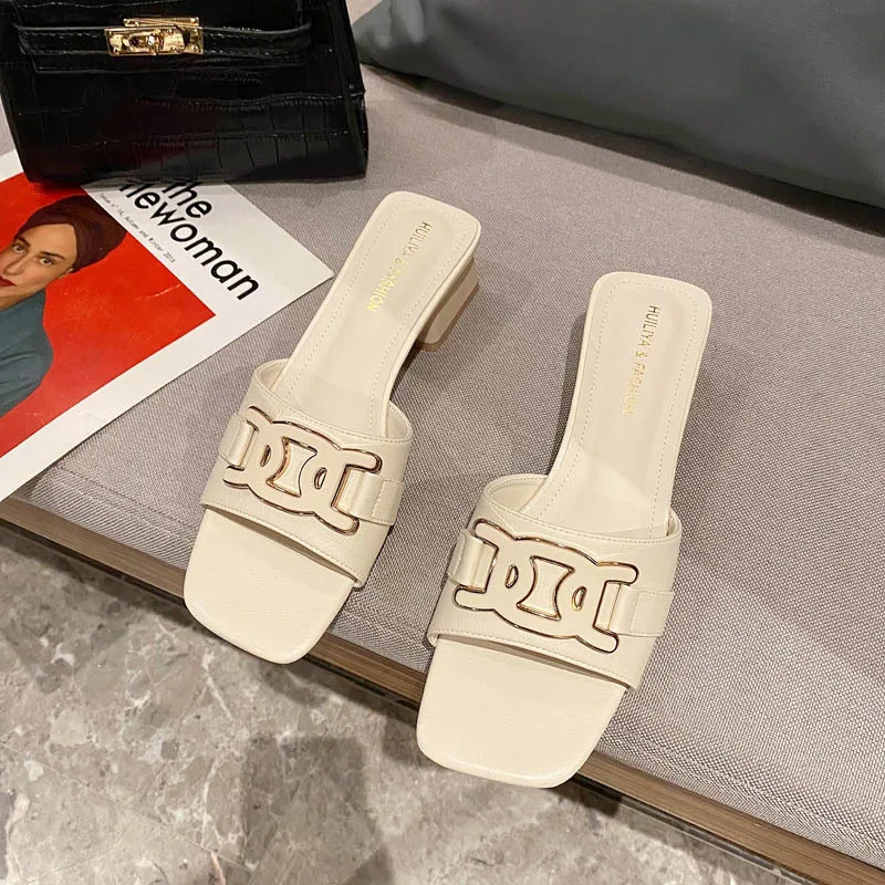 

Square Toe Loafers Slippers Women Summer Shoes Slides Fashion Pantofle Med Luxury Block 2021 Rubber Rome Hoof Heels Basic
