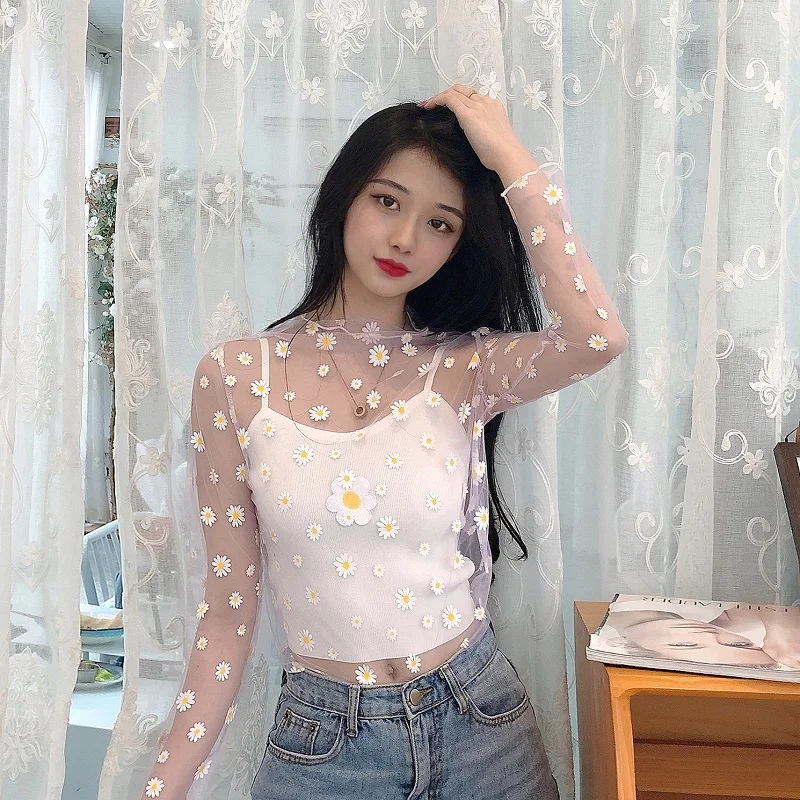 2021 Summer Women Embroidery Daisy Floral Chrysanthemum Mesh Gauze Basic Shirt Lady Elastic Slim Pullover Lace Chic Blouse Tops