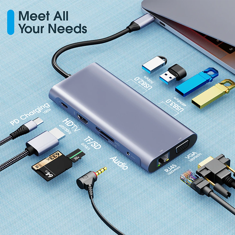 

11 in 1 Type-C USB C to HDMI-Compatible Hub with TF Memory VGA USB 3.0 Port Splitter Laptop Extension Adapter Dock