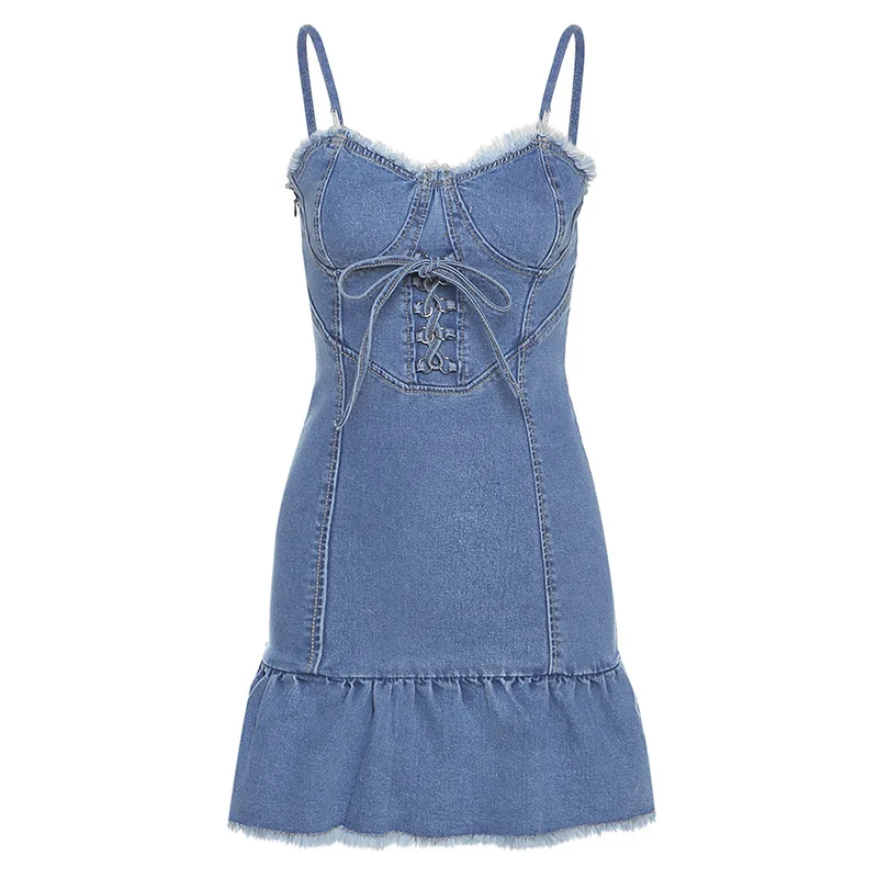 

European and American Style Summer New Low-neck Strap Sexy Backless Slim-fit Ruffled Suspender Dress Women