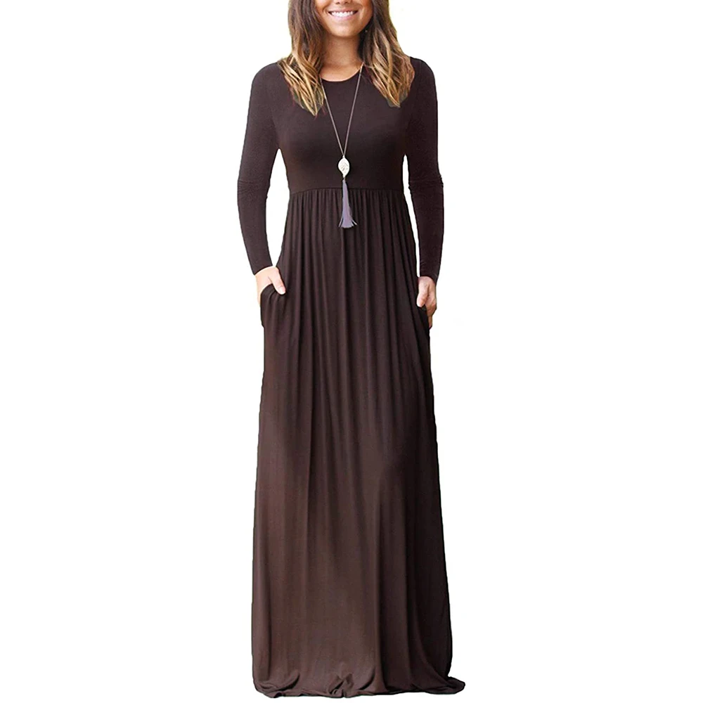 GULE GULE Women's Long Sleeve Round Neck Loose Plain Empire Waist Pleated Maxi Casual Long Dresses with Pockets