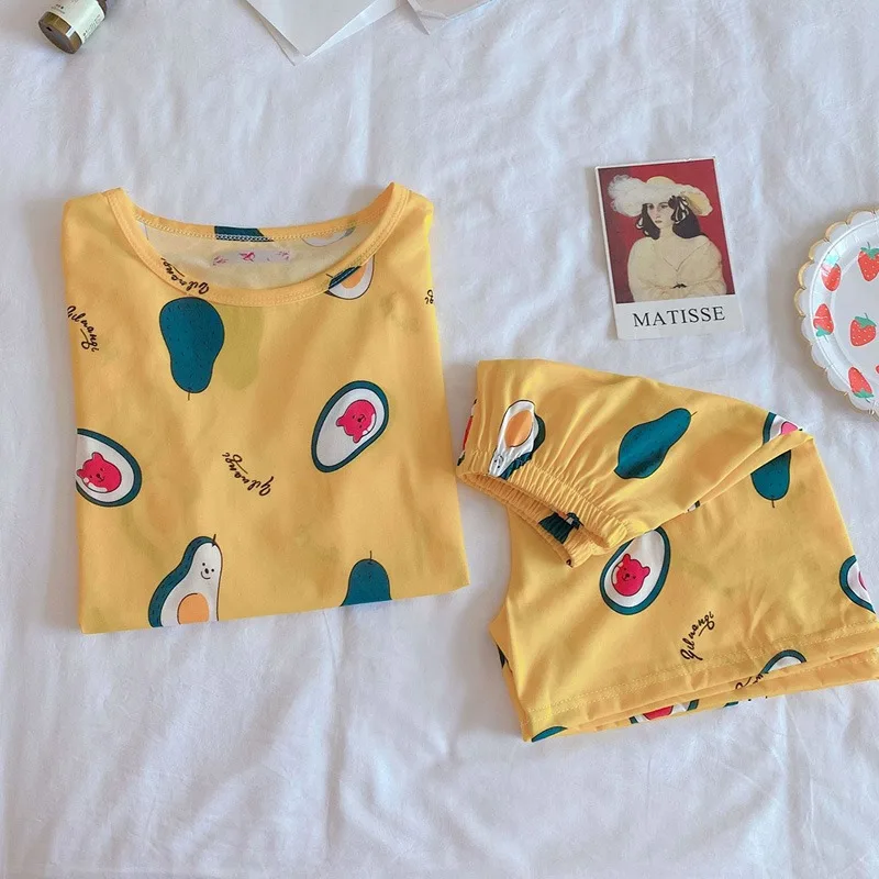 

Cute Orange Fruit Print Summer Pajamas Set For Women Girls Long Sleeve Loose Casual Sleepwear T-Shirts and Shorts Pjs Homewear