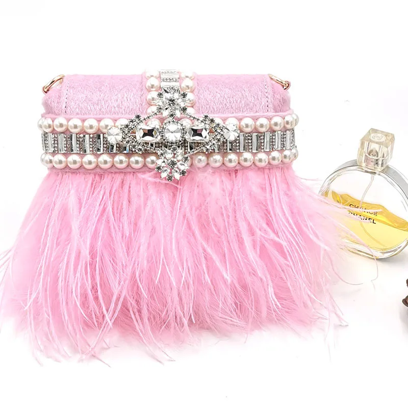 

Luxury Designer Handbags Women Shoulder Bags 2021 Shopper Purse Fashion Rhinestone Pearl Feather Tassel PU Leather Crossbody Bag